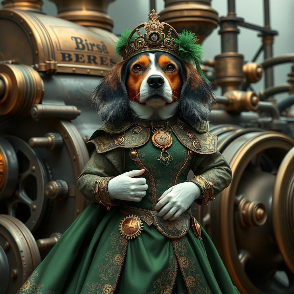Steampunk Beagle in Green and Gold Dress