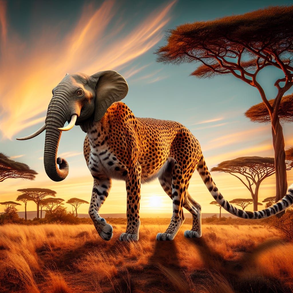 Hybrid Creature: Cheetah Body, Elephant Head, Iguana Tail