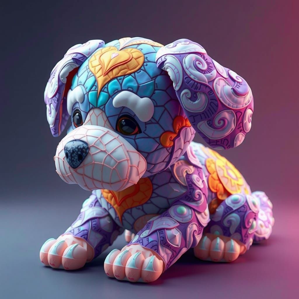 Vibrant Patchwork Puppy in Dreamlike Landscape