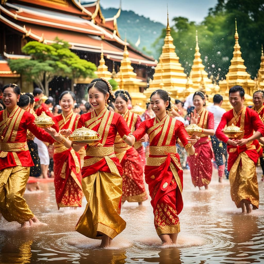 Thai Dancers Celebrate Songkran Festival in 3D Rendering