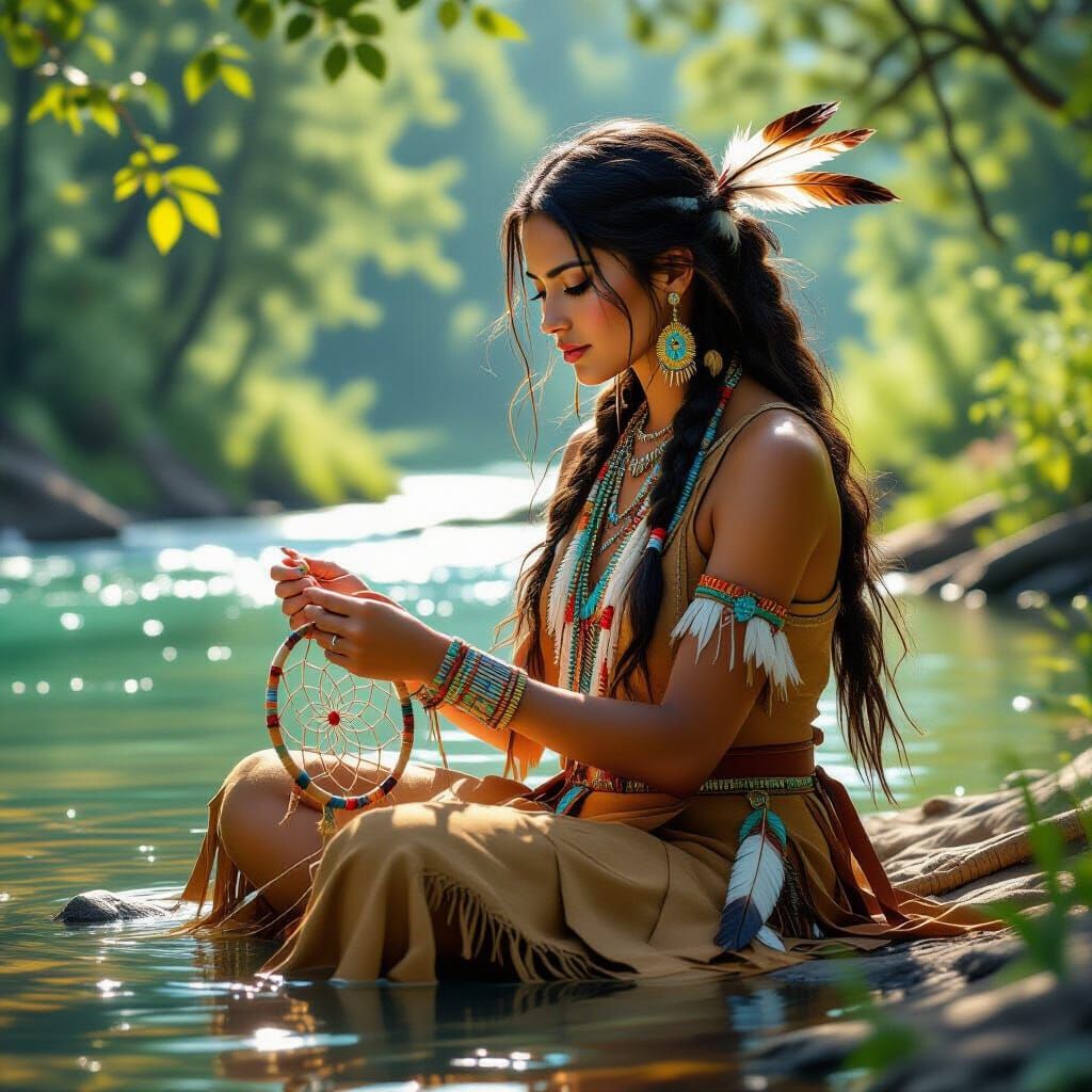 Native American Woman Weaving a Dreamcatcher
