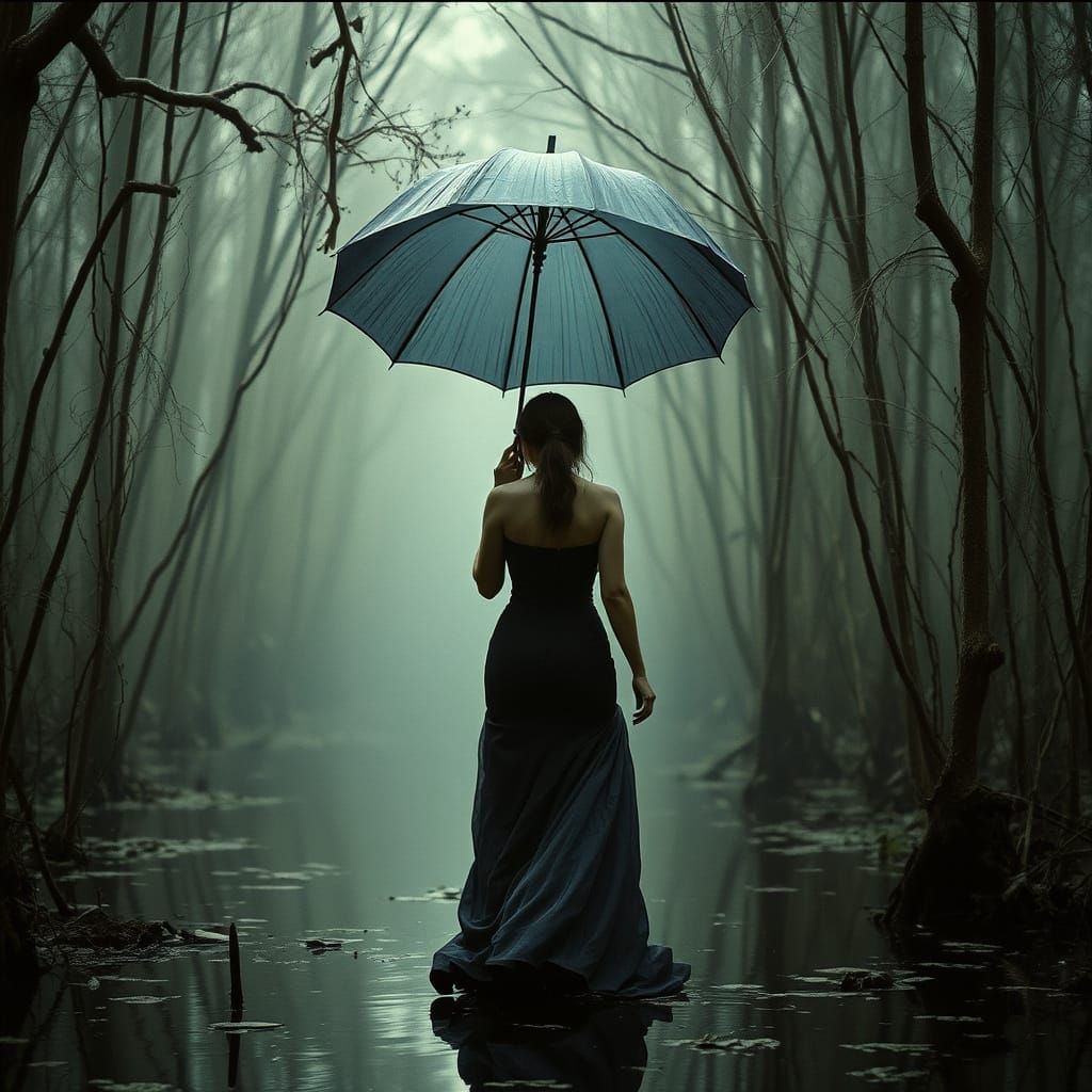 Ethereal Gothic Woman Embraces the Swamp's Mystique in a Cin...