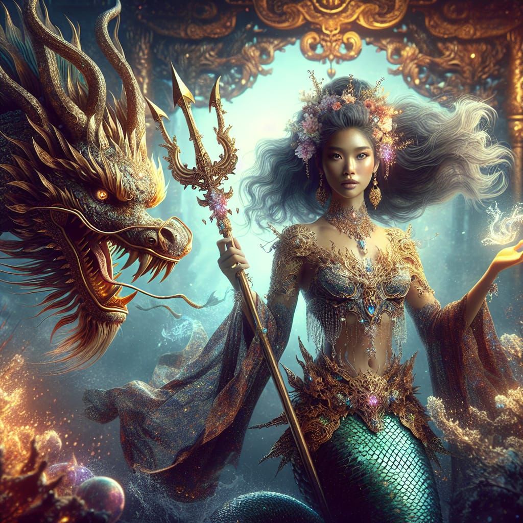 Mermaid Goddess with Dragon on Ornate Throne