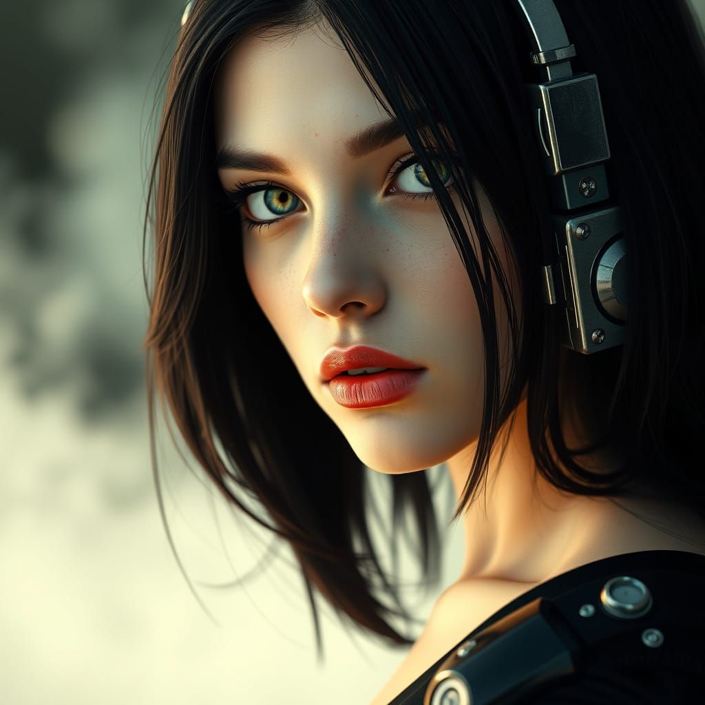 Sci-Fi Woman with Green Eyes in Ethereal Mist