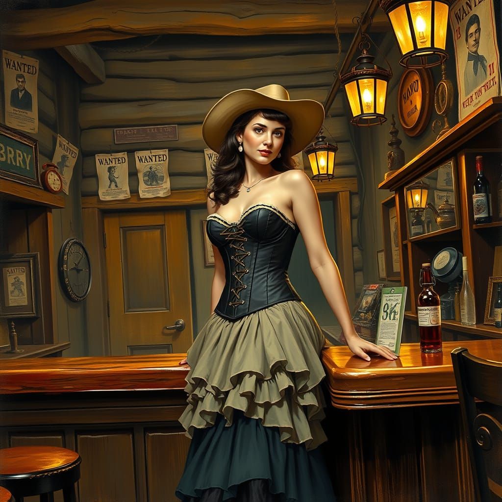 Confident Saloon Girl Behind Rustic Old West Bar