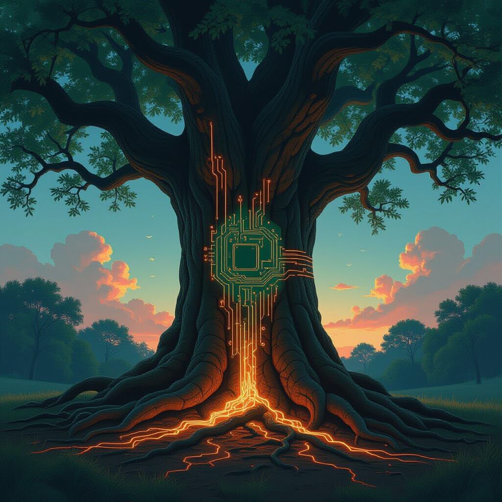 Colossal Oak Tree with Circuit Bark, Copper Roots