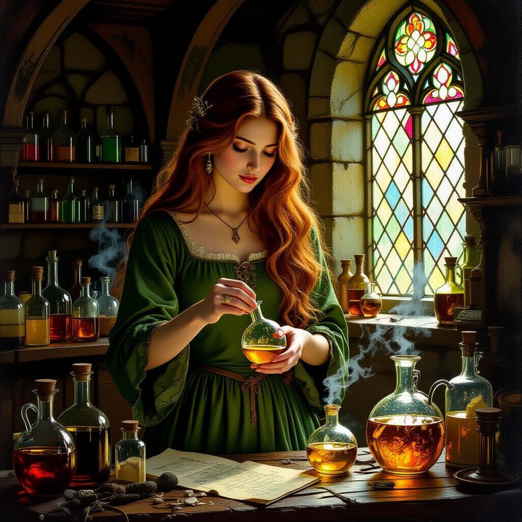 Medieval Alchemist Workshop in Pre-Raphaelite Style