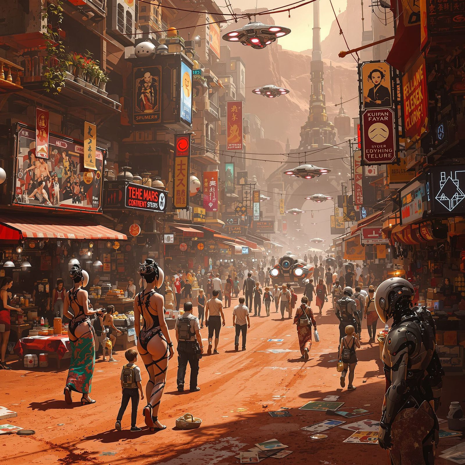 Futuristic Mars Marketplace With Cyborg Geishas and Alien Me...