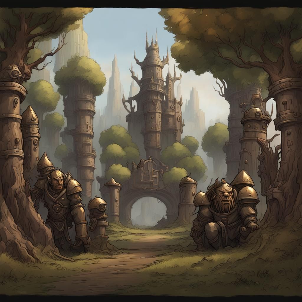 Fantasy Orc Border with Mechanical Defense Turrets