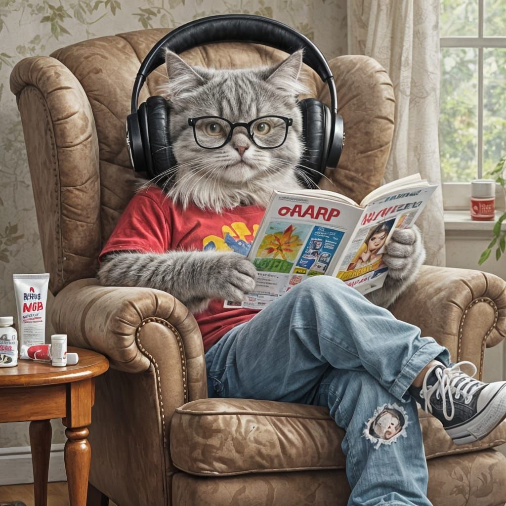 Fluffy Cat Reads AARP in Rock Band T-Shirt