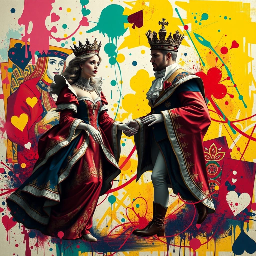 Regal Royalty Embracing in Vibrant Splatter Art