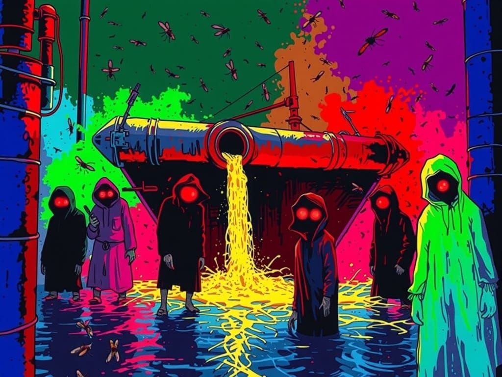 Gothic Industrial Scene of Mutated Lepers Under Sewerage