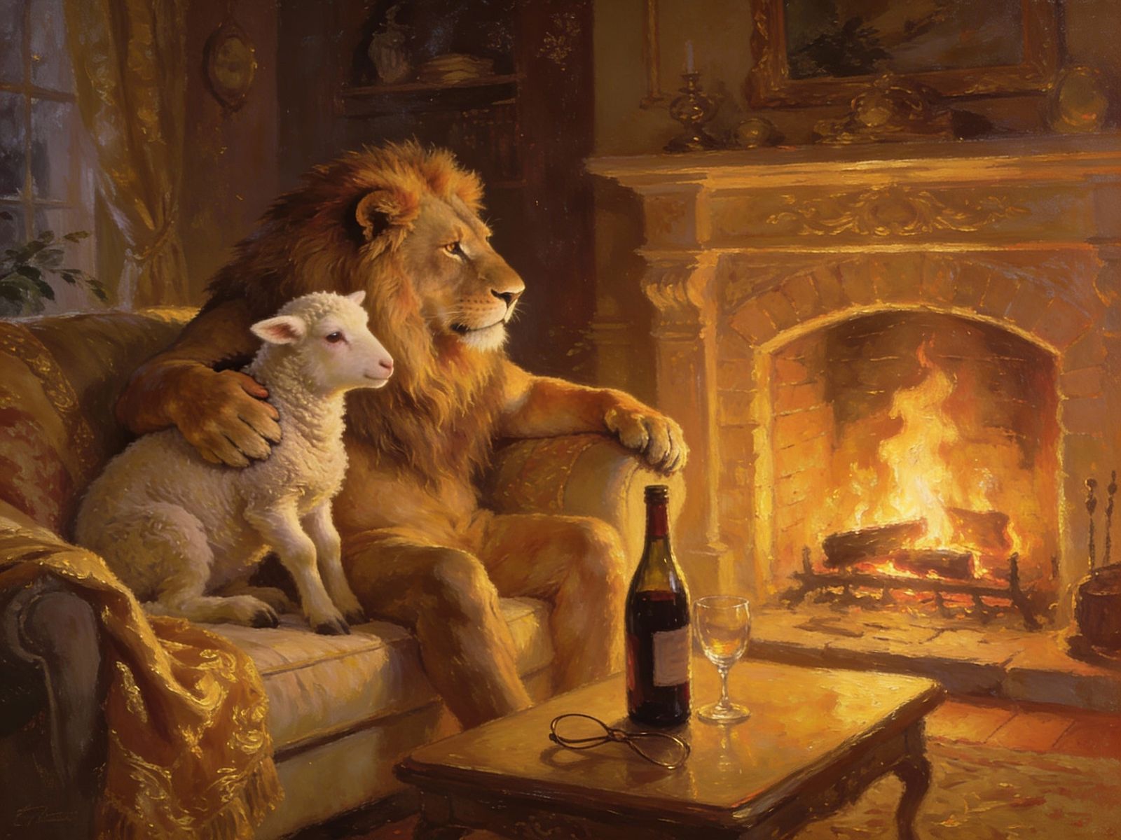 Lamb and Lion Together by Fireplace