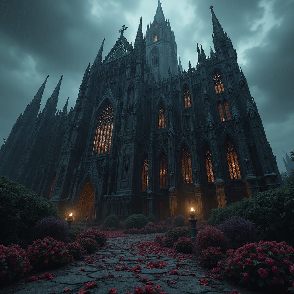 A majestic gothic cathedral constructed entirely of black roses, its stained-glass windows depicting scenes of ethereal ...