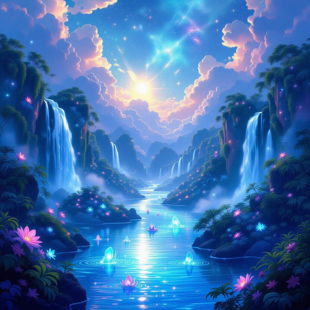 Ethereal Water Land with Luminous Flora and Bioluminescent C...