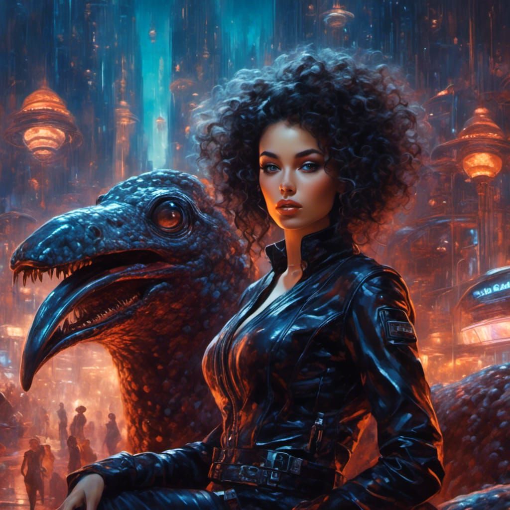 Brunette Rides Alien Ostrich in Futuristic City
