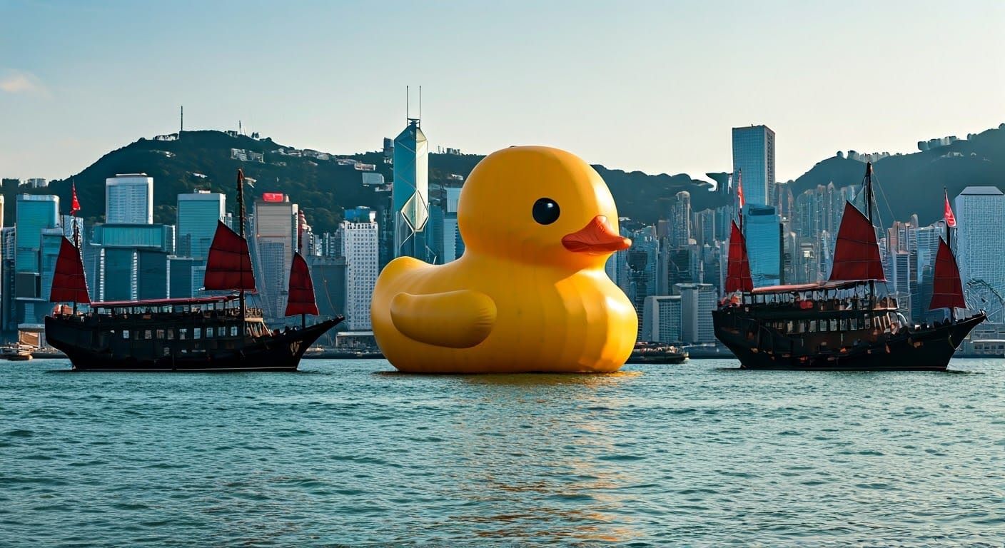 Golden Rubber Duck Serenely Floats in Victoria Harbour, Hong...