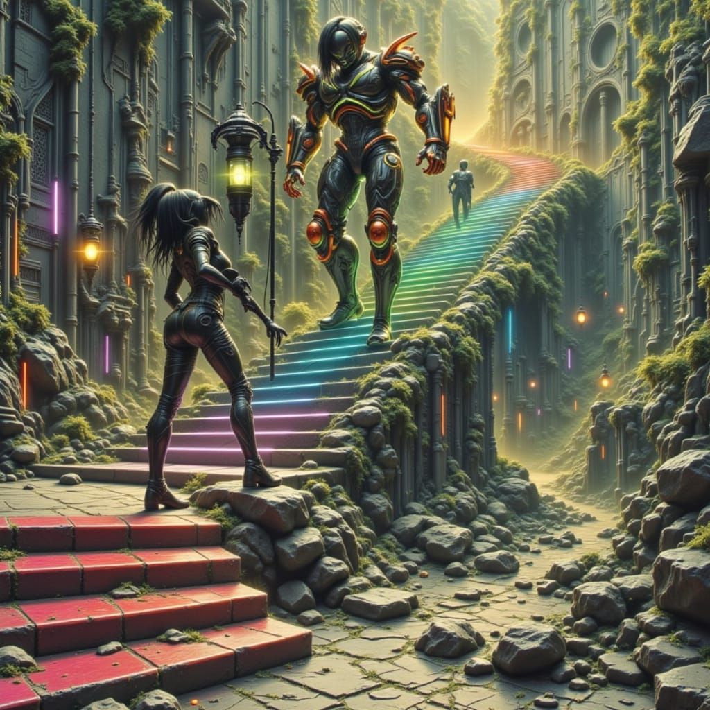 Neon Staircase in Futuristic Cyberpunk City