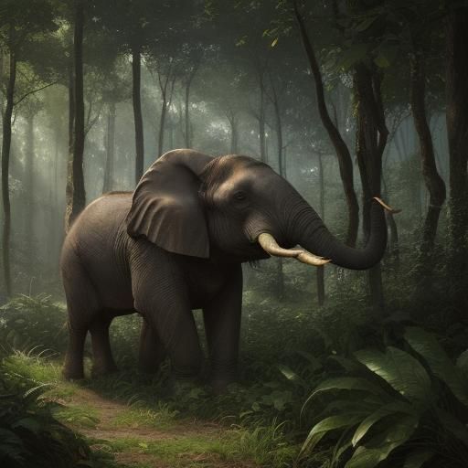 Elephant Mother and Baby Eating Leaves: Digital Art