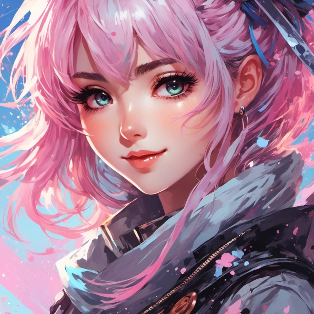 Cute Anime Girl with Pastel Hair in Paint Splatter Style