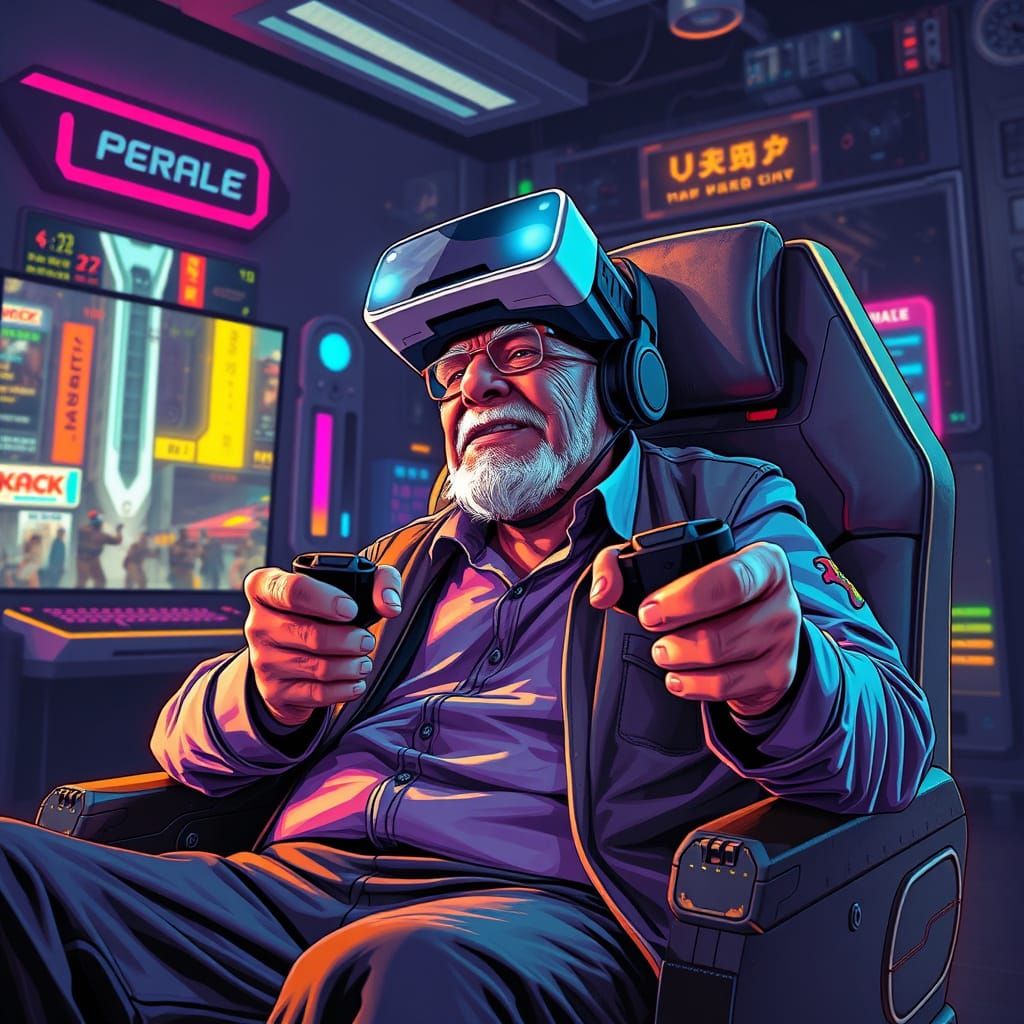 Elderly Gamer Immersed in Cyberpunk Virtual Reality