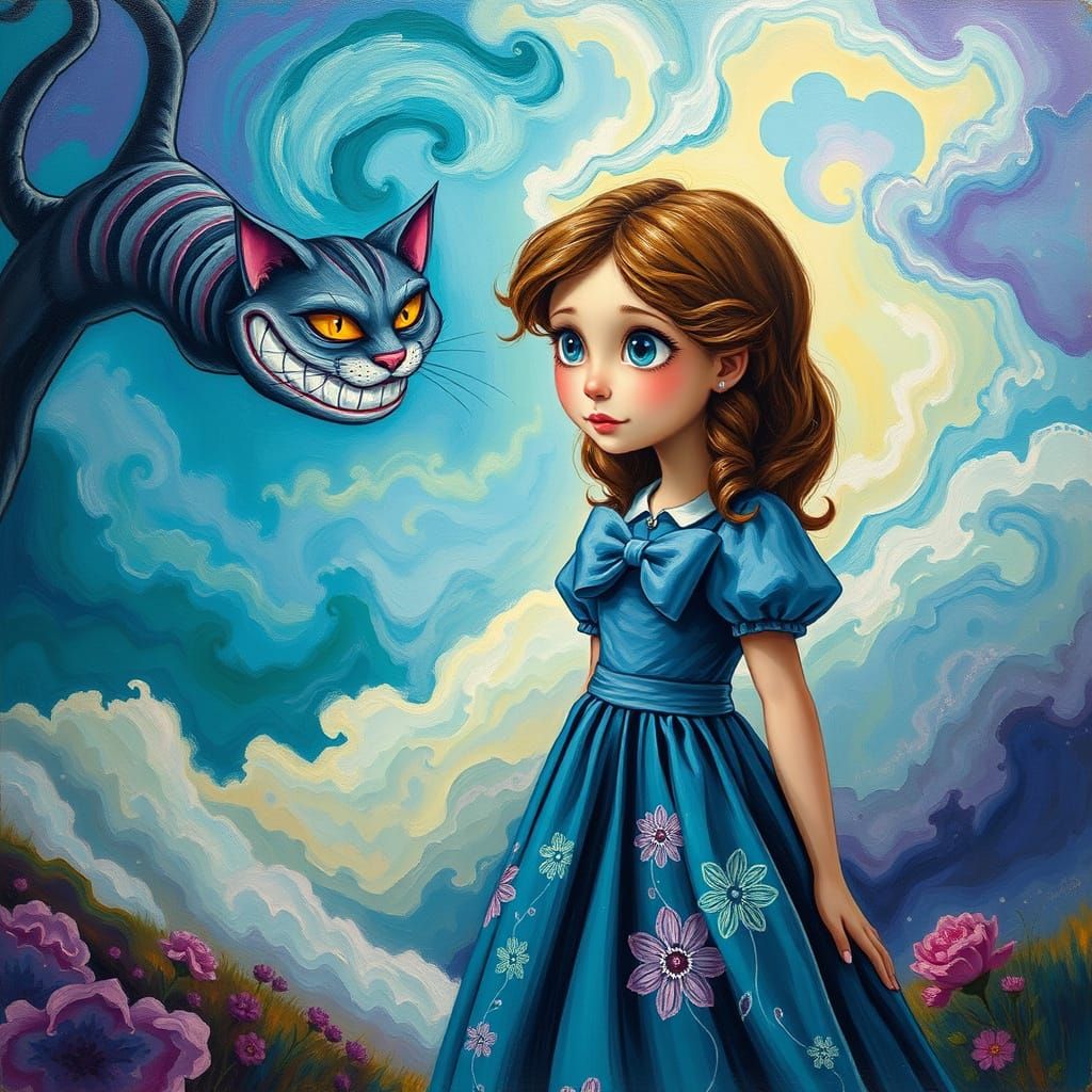Whimsical Alice Queries Cheshire Cat in Vibrant Dreamlike La...
