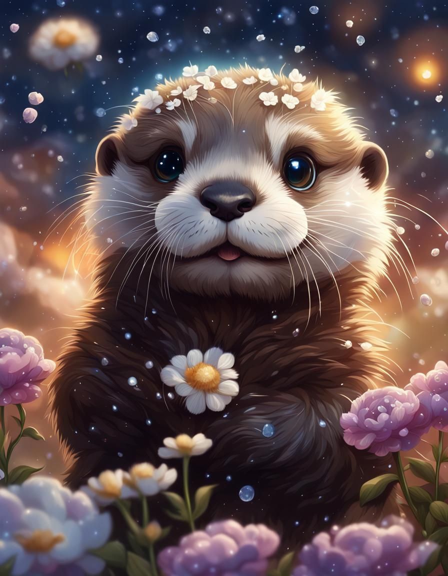 Fluffy Baby Otter Playing in Flower Rain