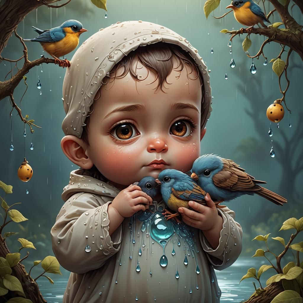 Charming Child Holding Bird: Detailed Matte Painting