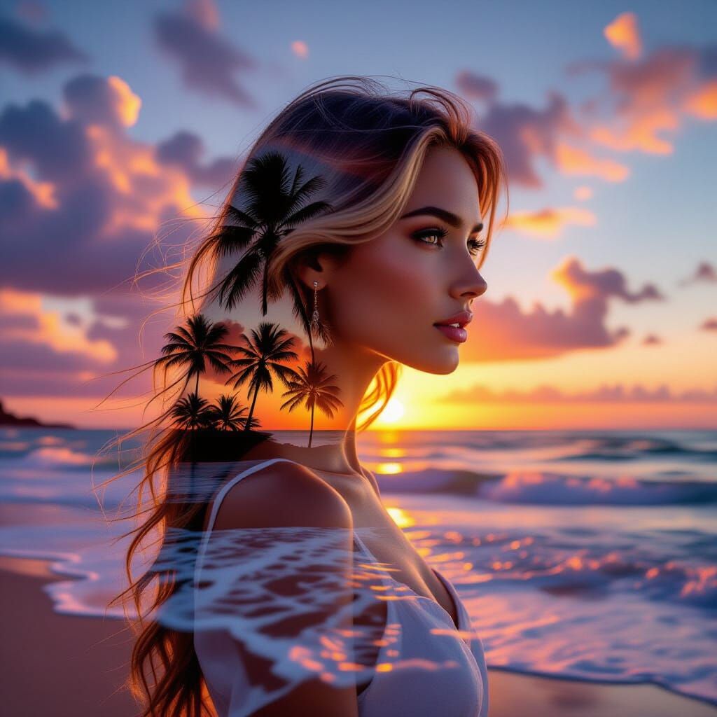 Double Exposure: Woman and Tropical Sunset