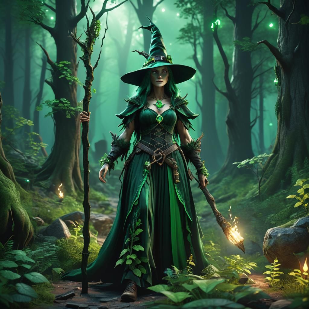 Emerald Forest Witch in 3D Game Cinematic Style