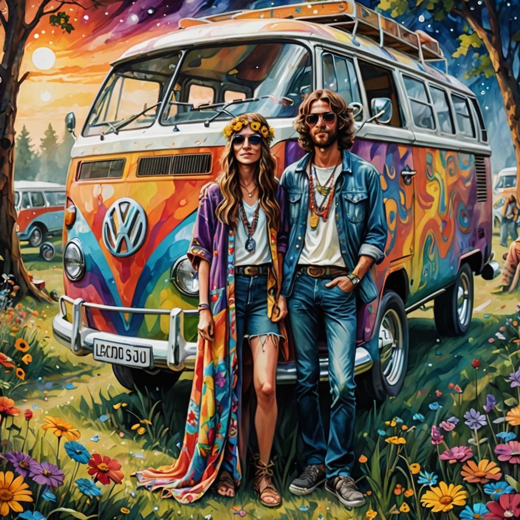 Psychedelic VW Bus at Woodstock, Digital Art