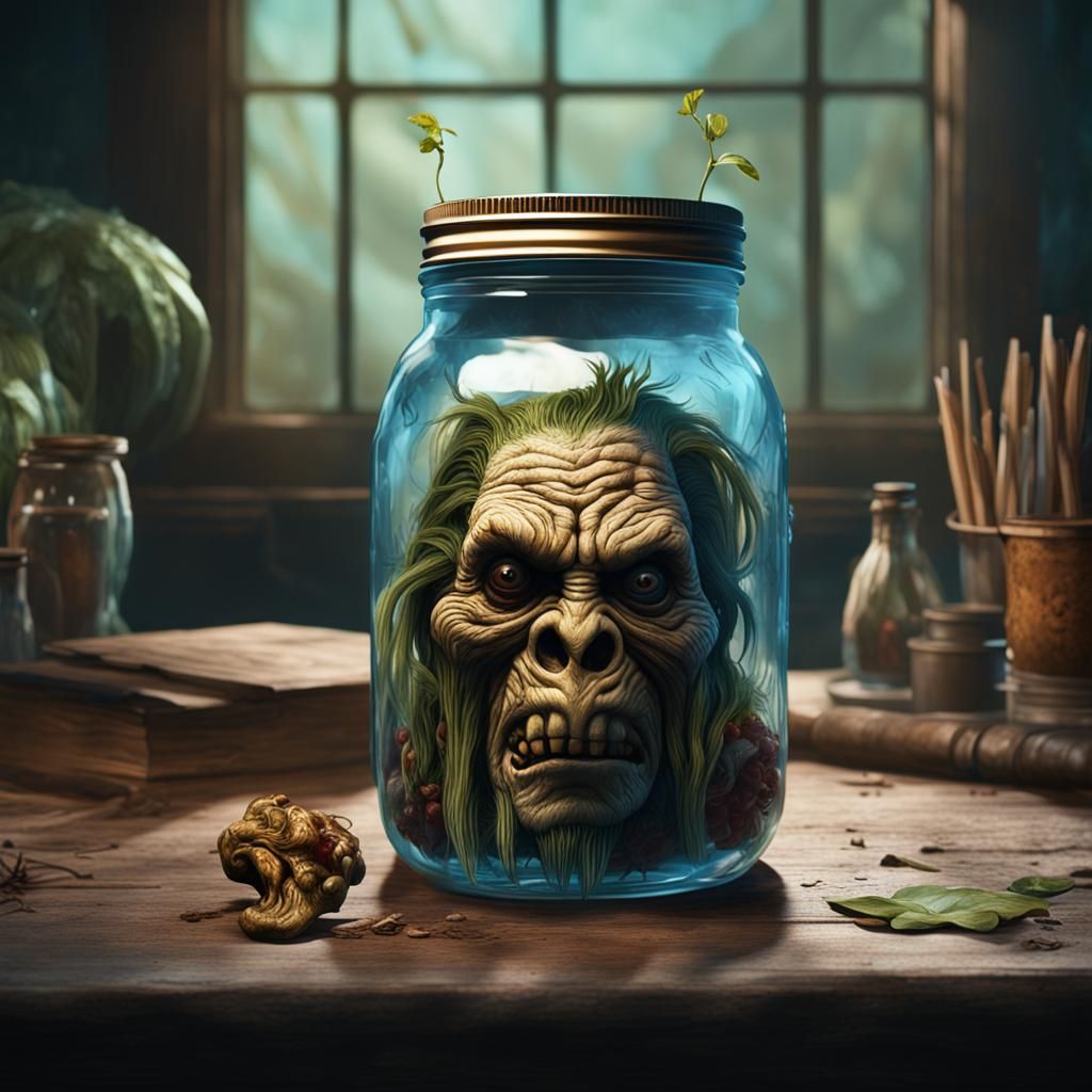 Shrunken Head in Jar: Detailed Matte Painting