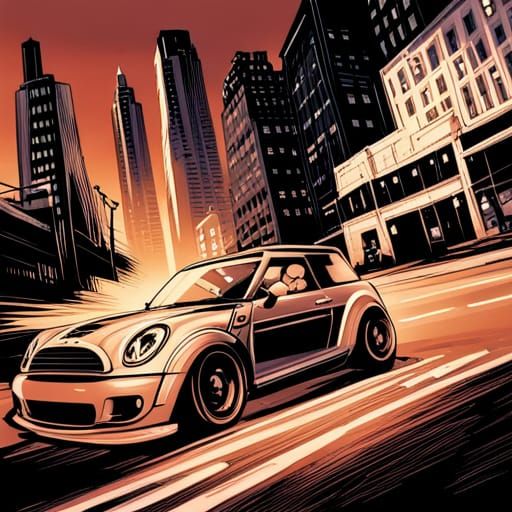 Batman Drives Mini Austin: Comic Book Art