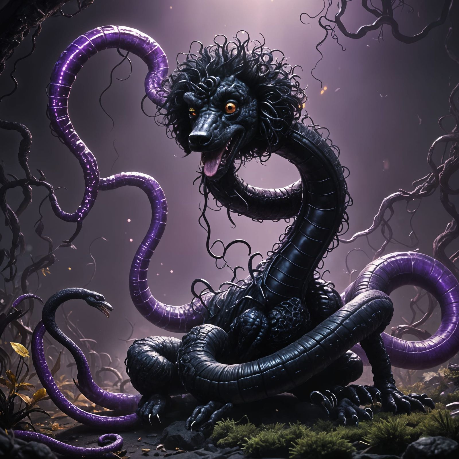Bioluminescent Poodle-Worm Creature in Dark Fantasy Style