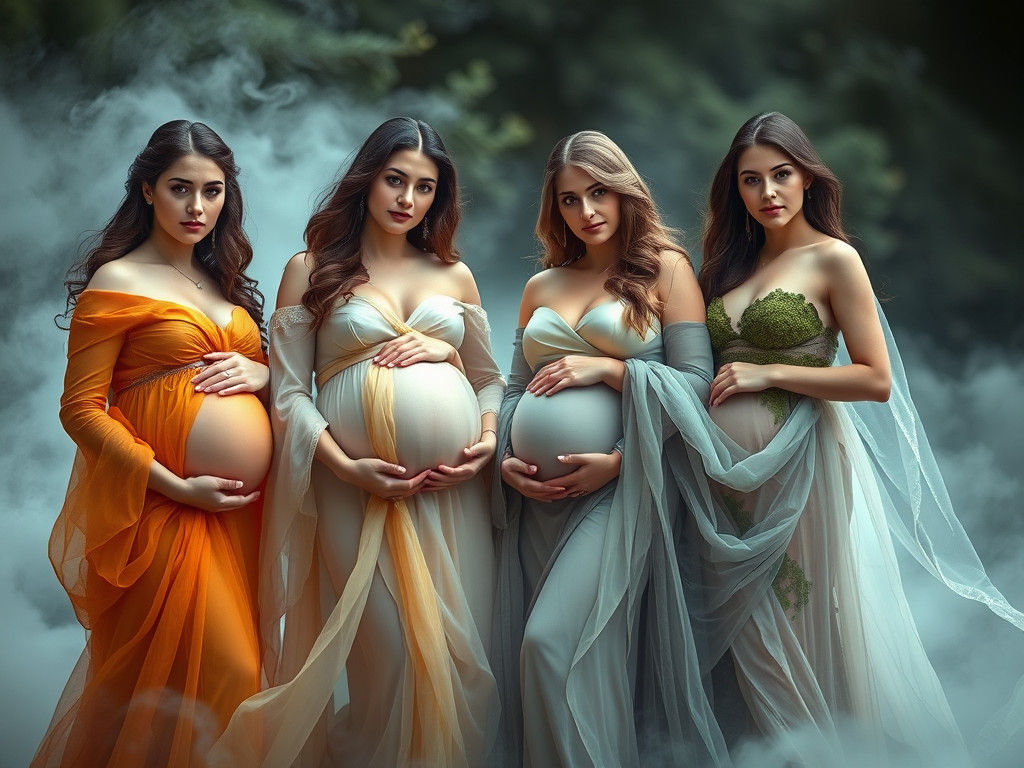 Four Pregnant Elementals Pose in Photorealistic Group Portra...