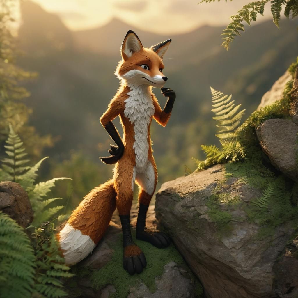 Fox Gazing at Mountain Landscape, Watercolor Style