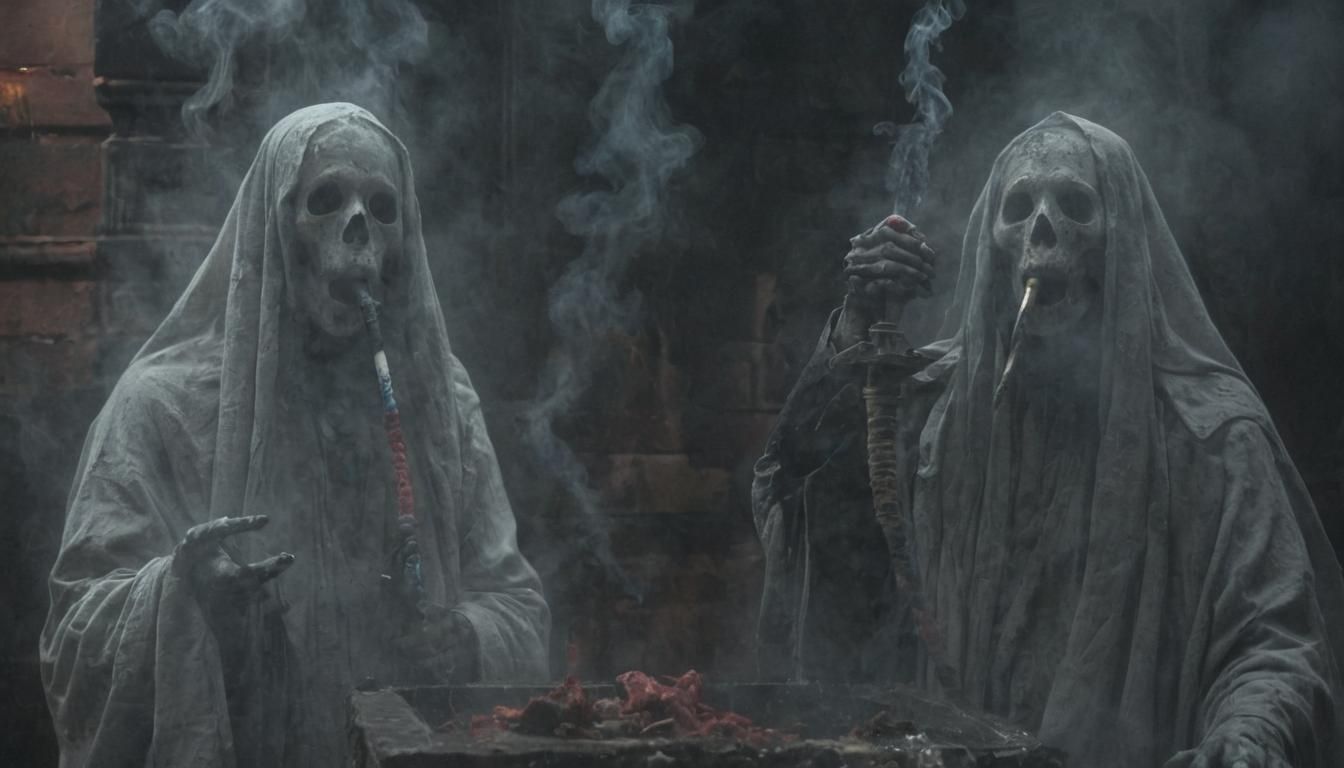 Ghosts Smoking Hookah on Funeral Tomb in Gothic Style