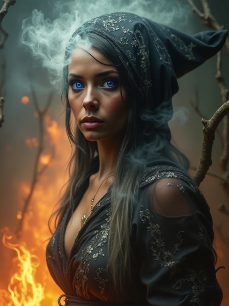 Mystical Witchwoman Casts Enchanting Spell in Dark Forest