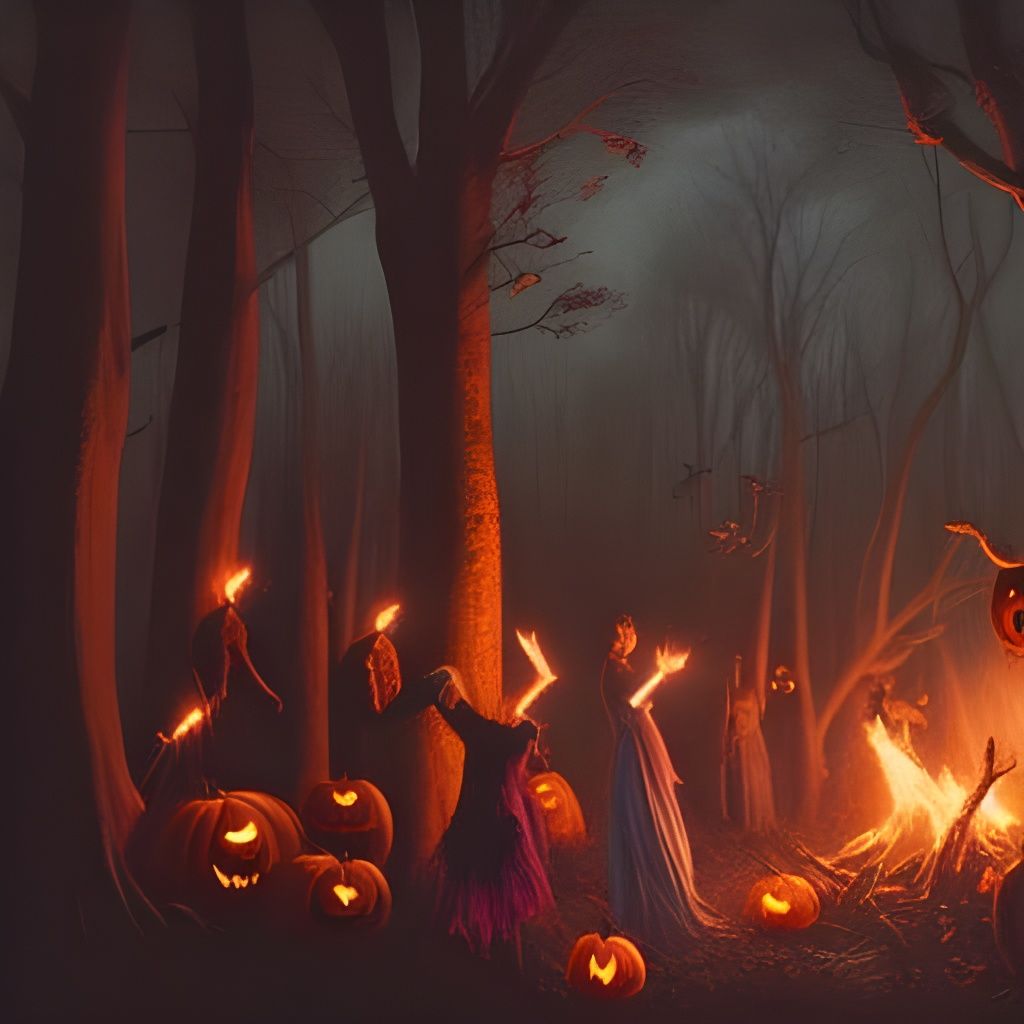 Witches' Sabbath Halloween Scene, Bonfire in Forest