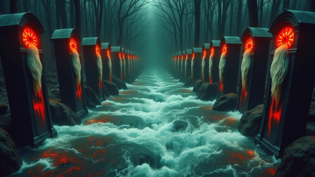 Dreamlike Scene of Grandfather Clocks in a Flooded River in....