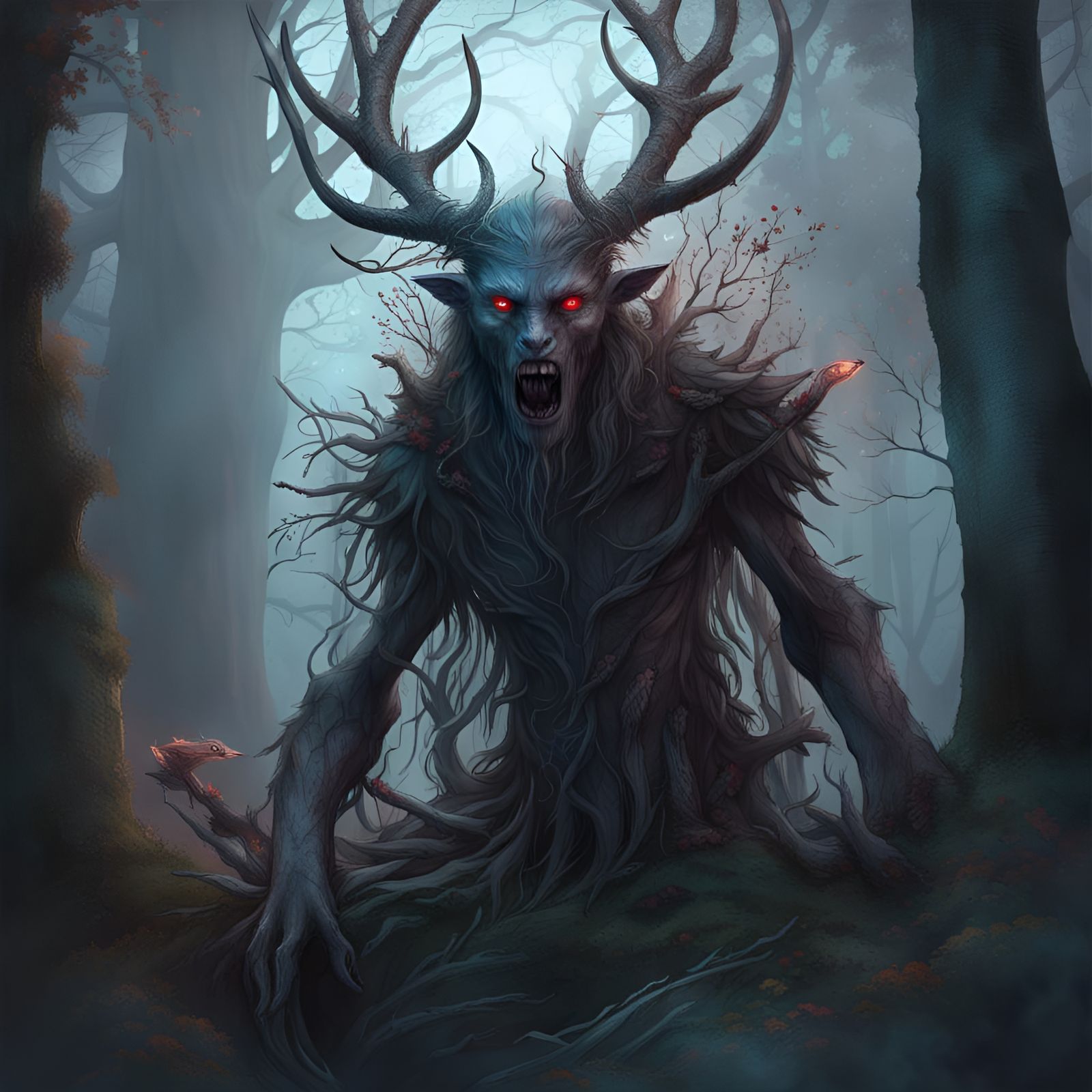 Creepy Wendigo in Woods: Detailed Digital Art