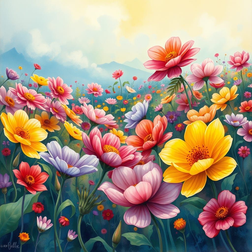 Whimsical Rainbow Blooms in Enchanted Landscapes