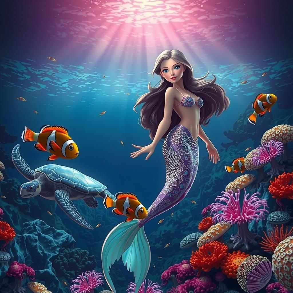 Shimmering Mermaid in Coral Reef: 3D Anime Art