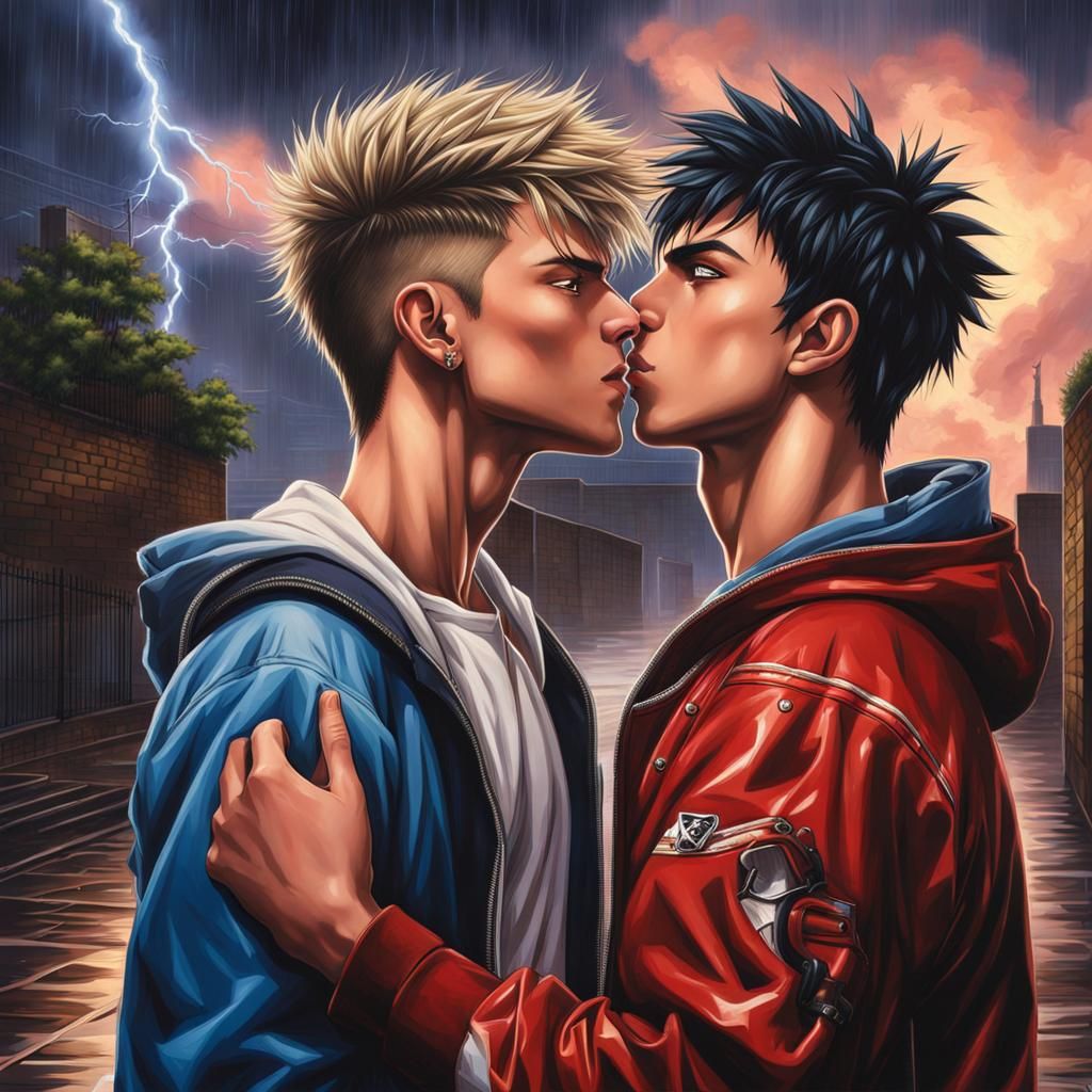 Anime-Style Kiss in the Rain with Lightning