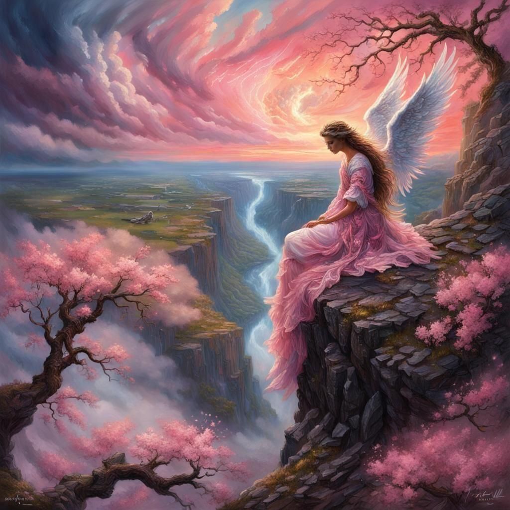 Fallen Angel in Sakura Storm: Romantic Digital Art