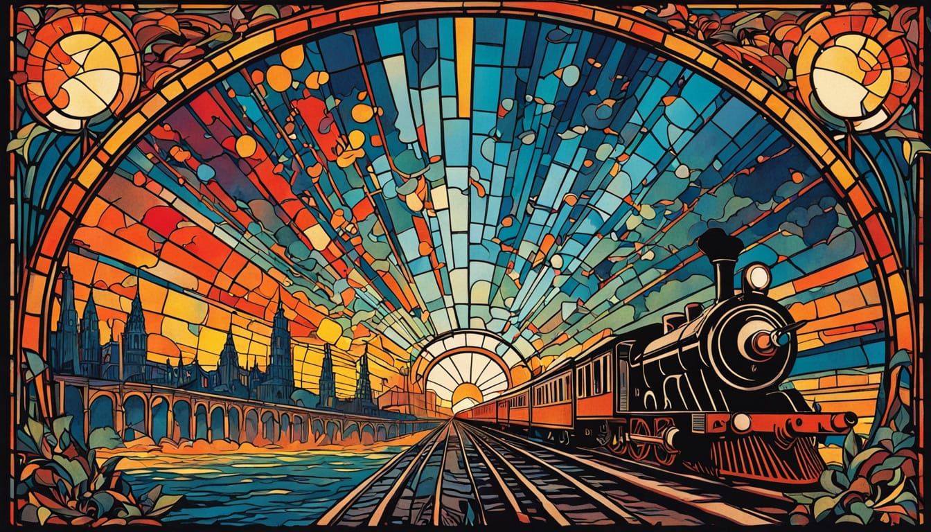 Art Nouveau Train Station Scene with Vibrant Colors