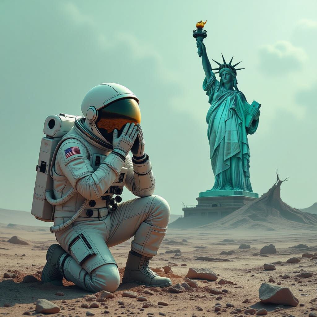 Grieving Astronaut in Dystopian Landscape