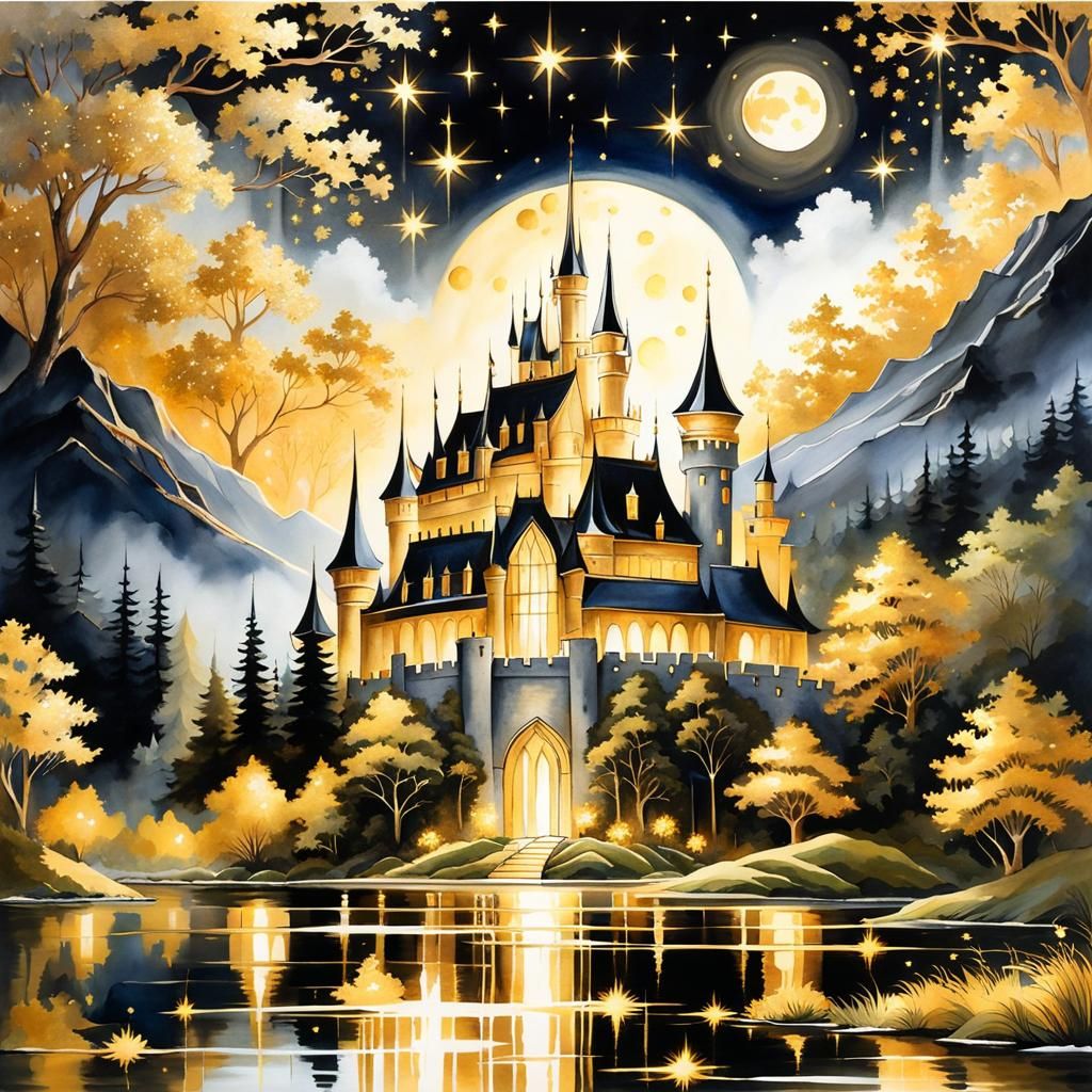 Elegant Gold Castle at Night as Watercolor