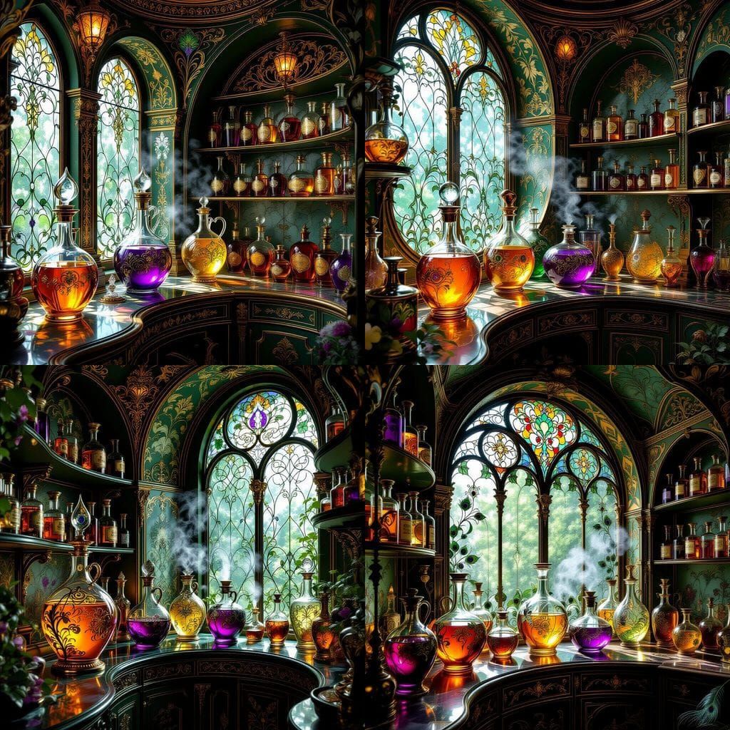 Art Nouveau Magical Apothecary Interior with Glowing Potions