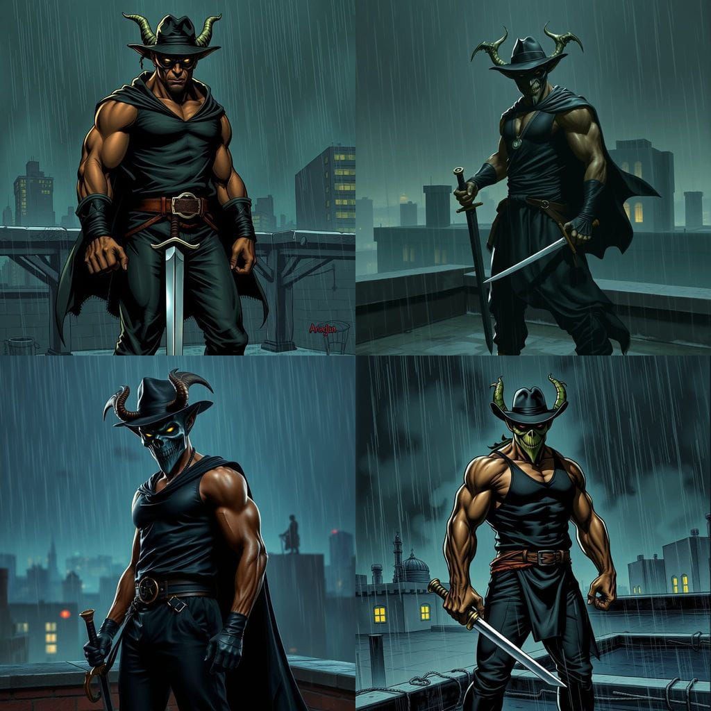 Goblin Masked Vigilante Stands Guard on Rooftop